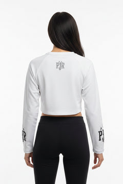 Recycled long sleeve crop top — print — PJR Built Different — White, back view