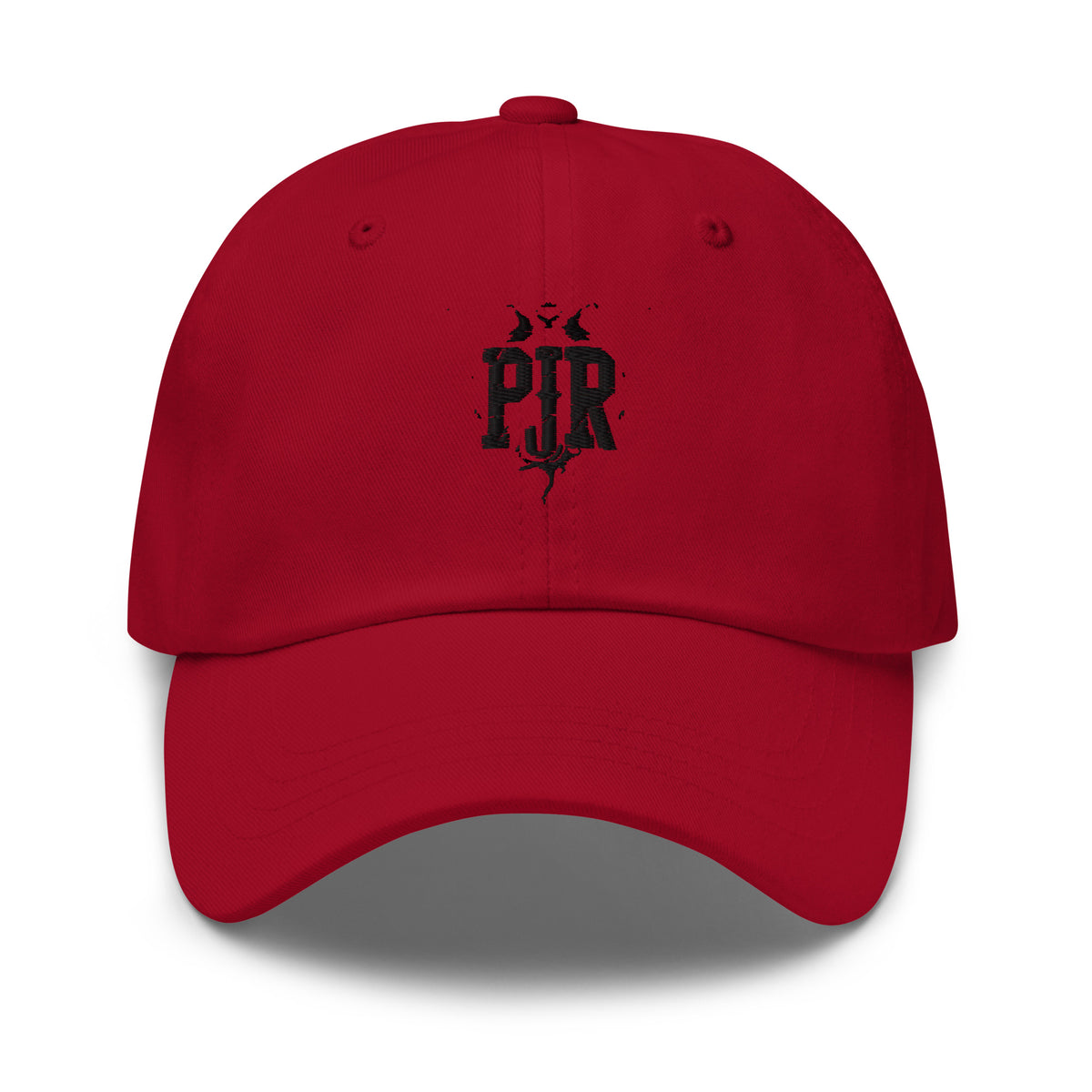 Embroidered dad hat — PJR Built Different — Cranberry, front view