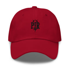 Embroidered dad hat — PJR Built Different — Cranberry, front view