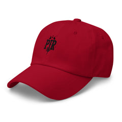 Embroidered dad hat — PJR Built Different — Cranberry, left front view