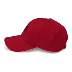 Embroidered dad hat — PJR Built Different — Cranberry, left side view