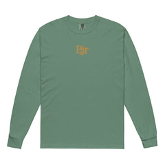 Men's garment-dyed heavyweight long sleeve — PJR Built Different — Light Green, front view